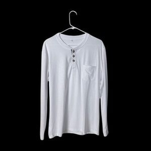 Mens White Long Sleeve Henley Shirt With Pocket 65% Cotton 35% Polyester